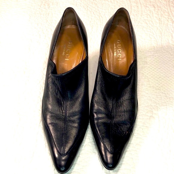 Vintage Gucci Black Leather Pointed Toe Loafer Pumps - Picture 3 of 12